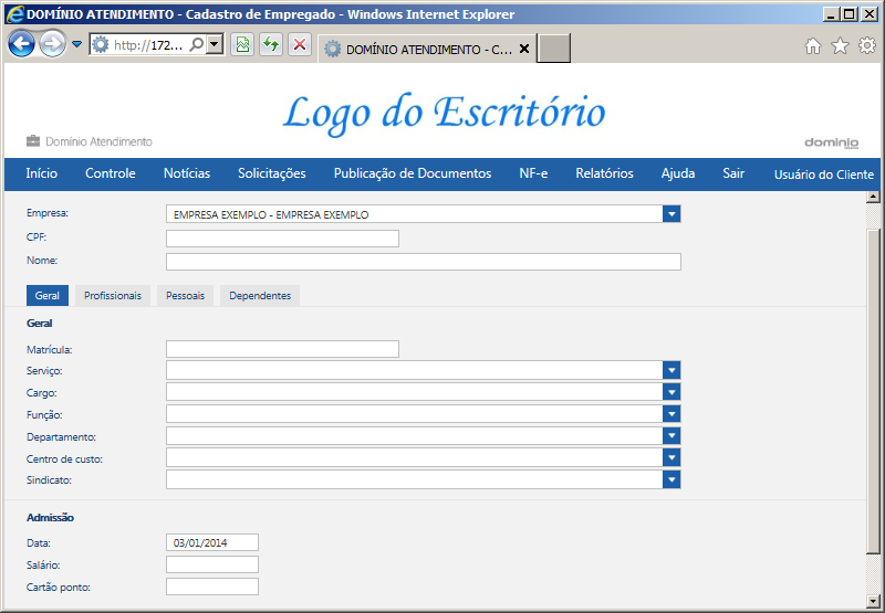 3. No campo Empresa, selecione a empresa para qual o empregado será cadastrado. 4. No campo CPF, informe o CPF do empregado. 5.