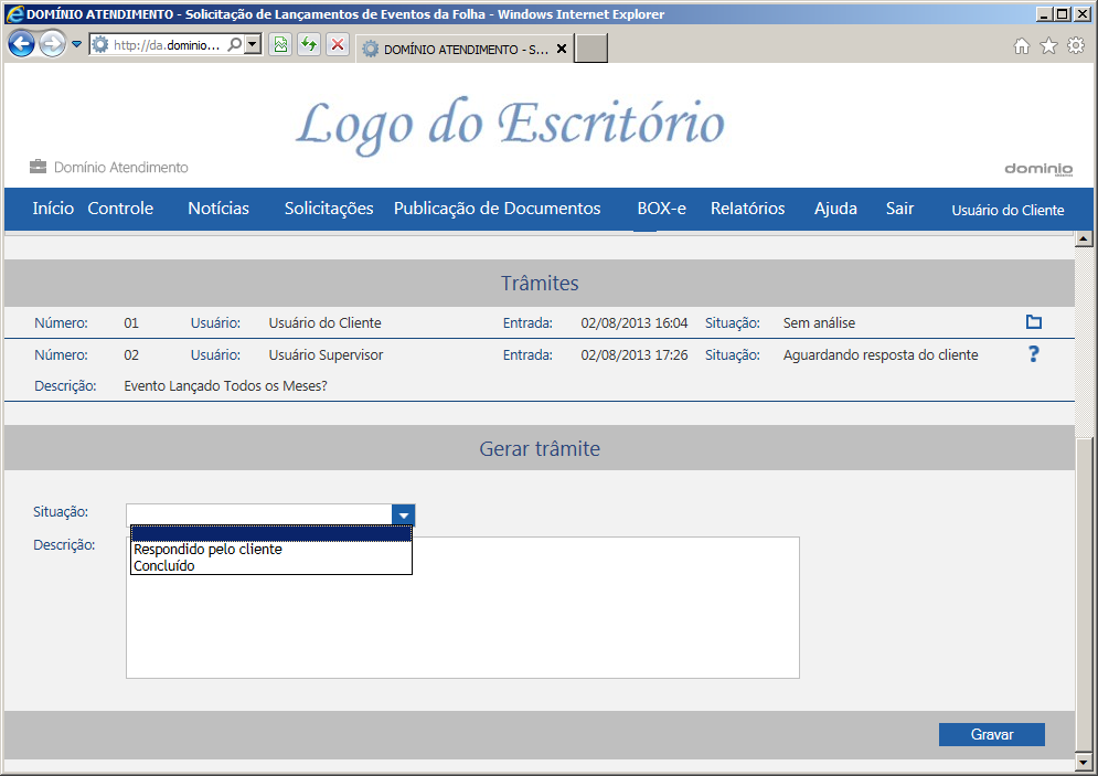 2. No quadro Gerar Trâmite, no campo: Situação, selecione a opção: Respondido pelo cliente, caso o usuário do escritório tenha respondido com uma pergunta ou solicitado uma correção e você