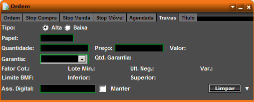 Limite BMF - valor das Garantias depositadas pelo Cliente, para negociação no WebTrading BM&F (WTr), avaliadas segundo os critérios definidos pela BM&F, que é ajustado de forma a refletir os valores