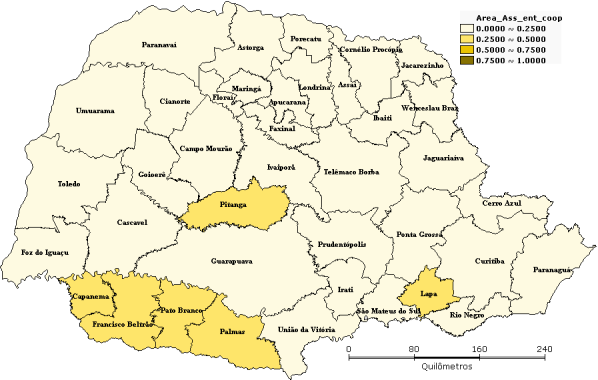 12 microrregiões onde mais de 50% dos estabelecimentos e da área estão associados a cooperativas agropecuárias.