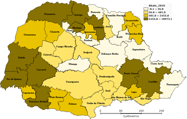 19 Figura 8 Paraná: Emprego em setores selecionados, por microrregião 1994/2010 Pecuária 1994 2010 Abate e preparação de produtos de carne 1994 2010 Fonte: Resultados da Pesquisa a partir de dados da