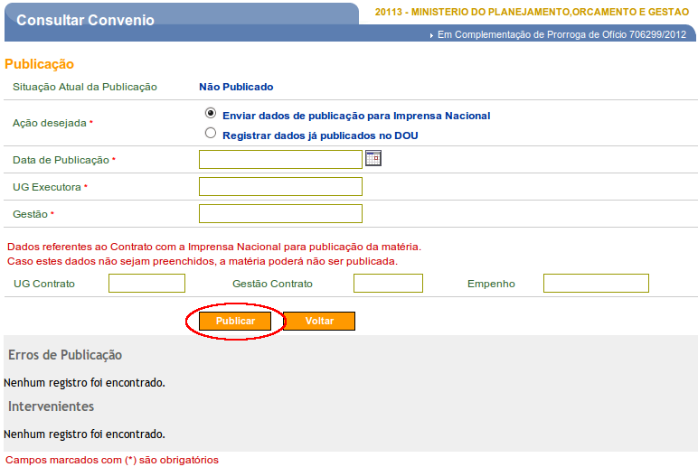 Figura 121 Se a ação desejada for Registrar dados já publicados no D.O.U.