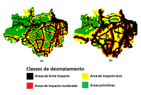 Figura 4.6 - Espaços celulares do resultado da reprodução do modelo Laurance para 2020 nos cenários (a) Otimista e (b) Não Otimista. Fonte: Adaptado de Laurance et al. (2001) 4.3.