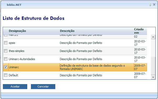 Menus e opções Os pontos que se seguem descrevem resumidamente os menus e as opções deste módulo. Estrutura Seleccionar uma estrutura de dados Permite a seleção da estrutura de dados.