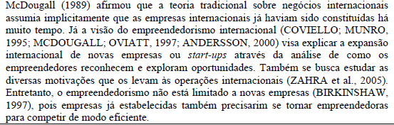 Quadro 3: Teorias Comportamentais Selecionadas Teoria Breve Resumo Modelo de Uppsala Networks Empreendedorism o Internacional Fonte: Carneiro, Dib, 2007 2.