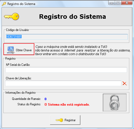 - (*) Atenção: o código de usuário gerado na máquina pode eventualmente ter sinal (-), que deve ser considerado para a geração correta da chave.