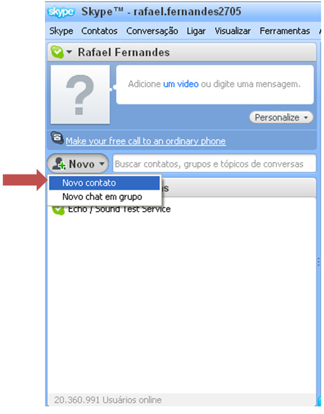 Adicionando contatos ao Skype 1 - Para efetuar ligações entre usuários Skype, primeiramente é necessário adicionar os usuários