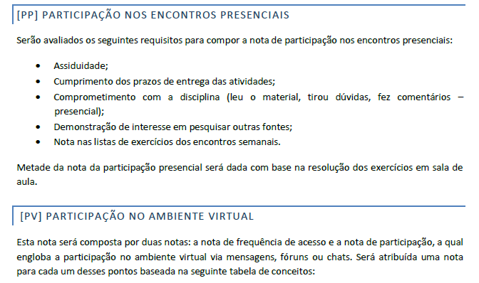 PT: Participação na Turma (Presencial e Virtual) Nota que eu vou atribuir a cada um de vocês diante sua postura e