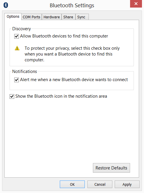 4. Selecione Deixar dispositivos Bluetooth encontrar este computador marque a caixa, clique em Aplicar e depois clique em OK.