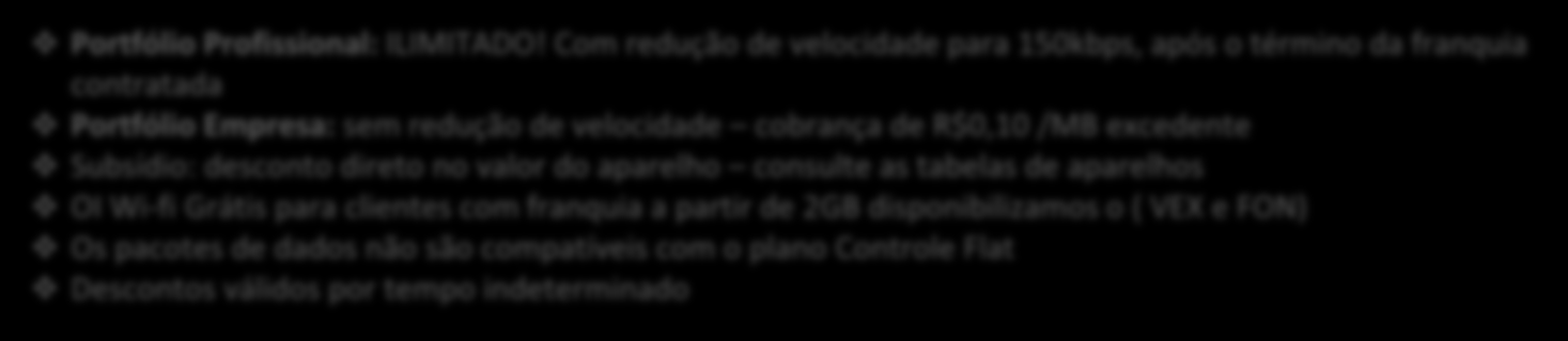 PACOTE DE DADOS Empresa Especial Portfólio Profissional Franquia Preço Desconto Preço Final 50 MB 0 MB 500 MB 1 GB R$ 14,90 R$ 21,90 R$ 29,90 R$ 39,90 R$ 14,90 R$ 21,90 R$ 29,90 R$ 39,90 50 MB R$