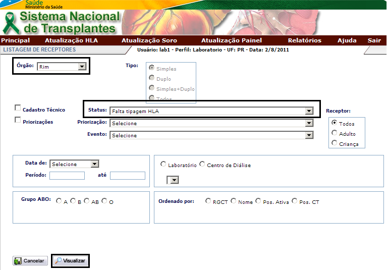 Para visualizar os receptores com o status Falta tipagem HLA clique no link visualizar.