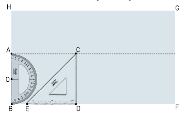 - um transferidor com a forma de um semicírculo de centro O e diâmetro ; - um esquadro CDE, com a forma de um triângulo retângulo isósceles.