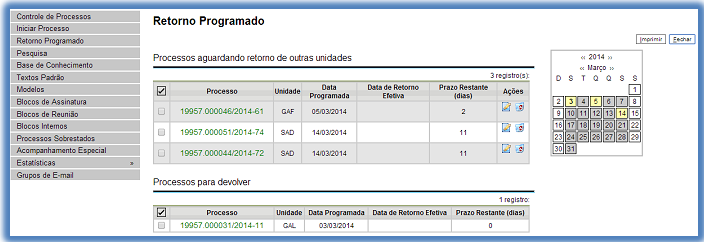 Em amarelo as datas a vencer ou que o prazo foi cumprido até a data estabelecida, e em vermelho as datas em atraso.