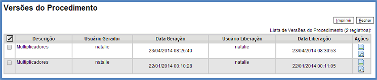 O ícone abre um quadro com a lista e detalhes das versões: O ícone permite ao usuário excluir o procedimento. 6. USUÁRIOS EXTERNOS 6.1.