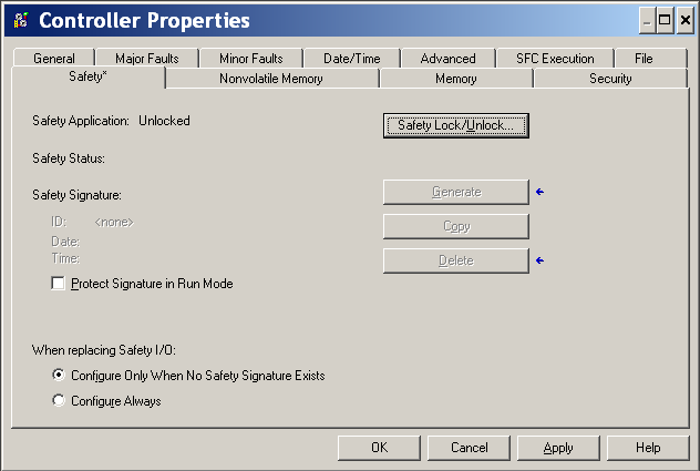 Configuração do controlador Capítulo 3 Gerenciamento da substituição do módulo de E/S A guia Safety da caixa de diálogo Controller Properties permite definir como o controlador lida com a