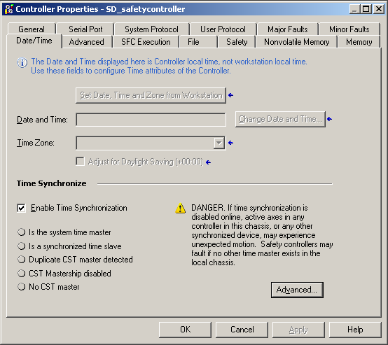 Capítulo 3 Configuração do controlador Figura 10 Guia Date/Time Para mais informações sobre a sincronização de tempo, consulte a Solução de aplicação de configuração CIP Sync e Integrated