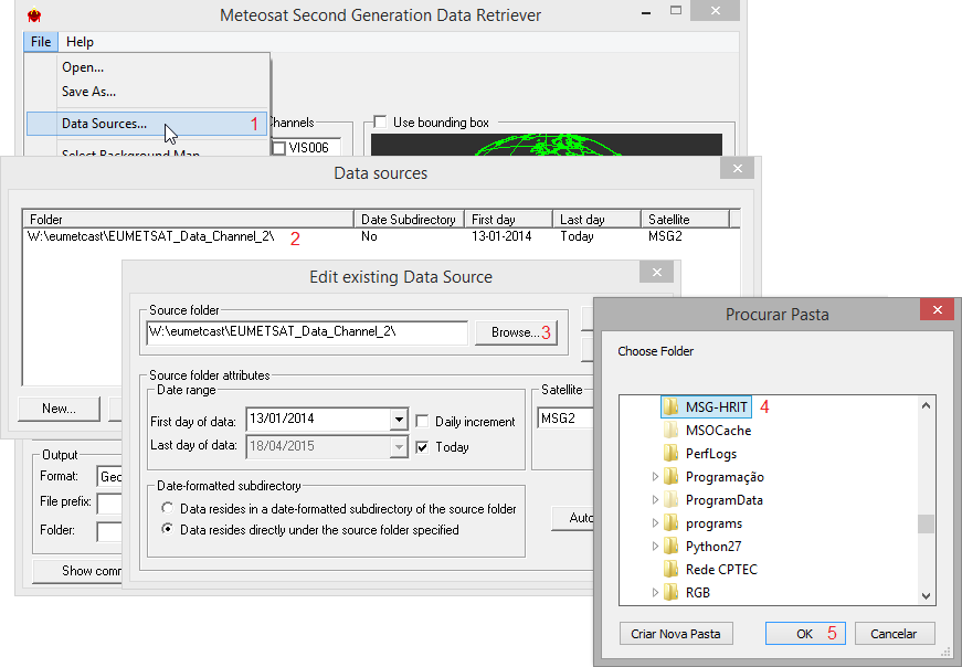 2.5 Convertendo os arquivos HRIT do MSG para o formato Raster do ILWIS: No GEONETCast-Toolbox, expanda Geonetcast, expanda MSG-HRIT, e clique em MSG Data Retriever.