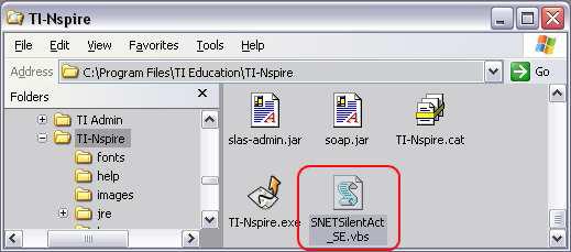 vbs para o directório C:\Program Files\TI Education\TINspire ou o directório adequado para o produto. 5. Clique com o botão direito do rato no ficheiro SNETSilentAct_SE.