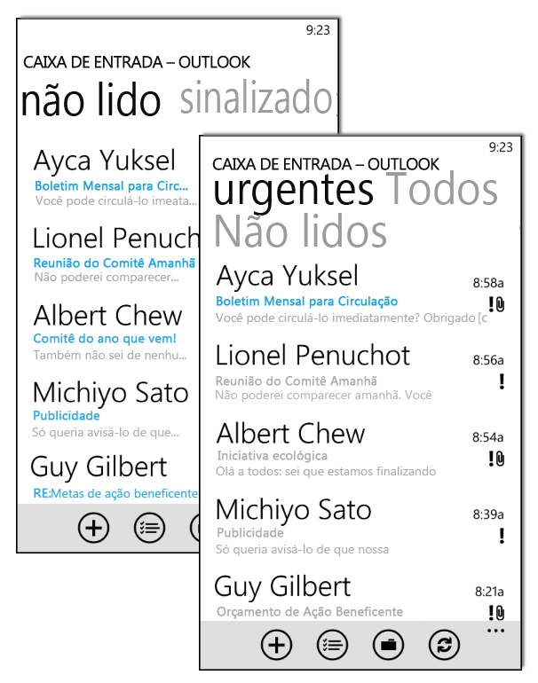 Dica rápida: Para acessar a configuração de conta, na tela Iniciar, faça um movimento para a direita, toque em Configurações, em Email e Contas e em Adicionar uma conta.