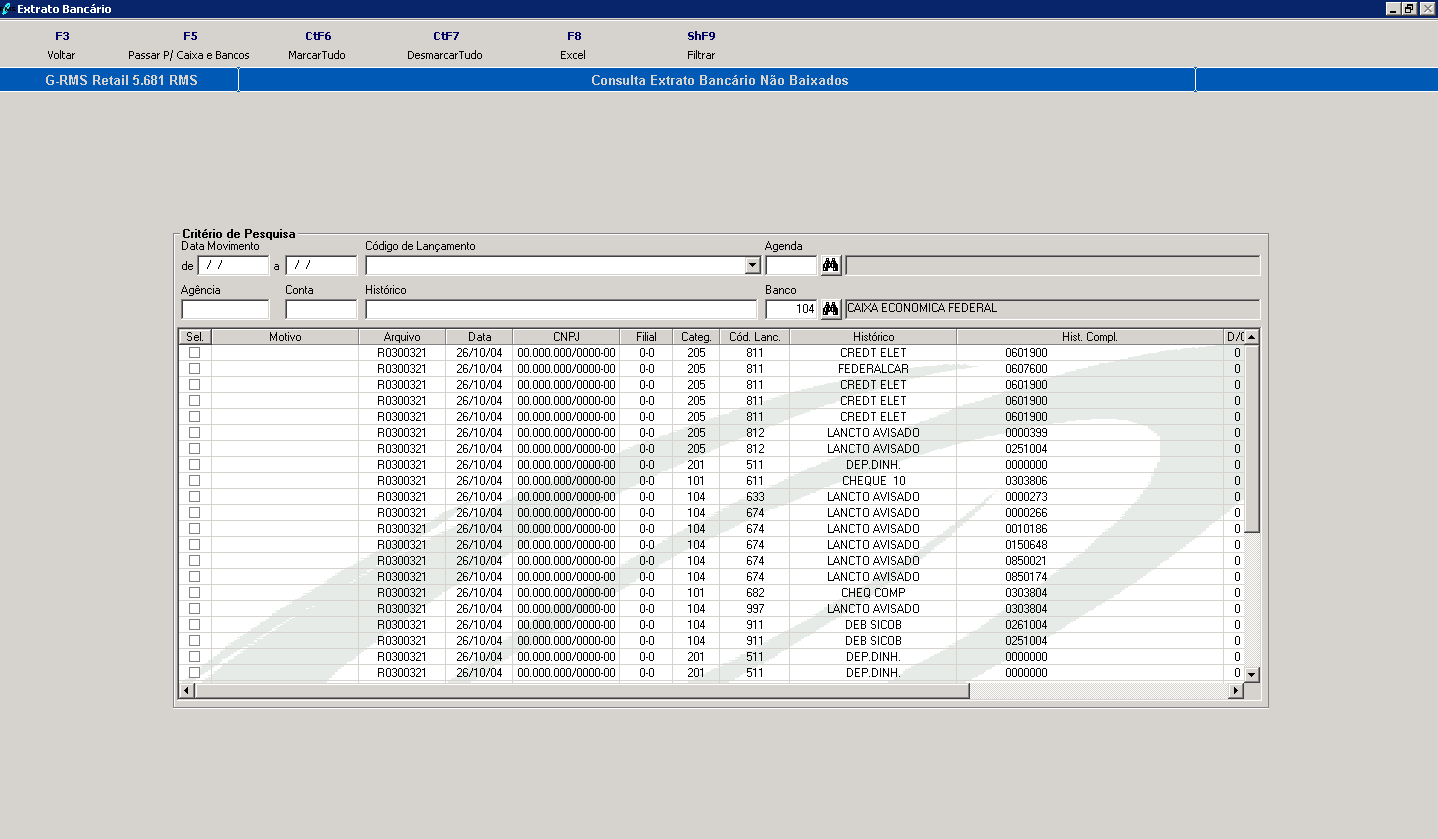 Campos de tela Nome do Campo F3 - Voltar F5 - Passar P/ Caixa e Bancos CtF6 Marcar tudo CtF7 Desmarcar tudo F4 - Excel ShF9 - Filtrar Descrição Retorna para a tela anterior.