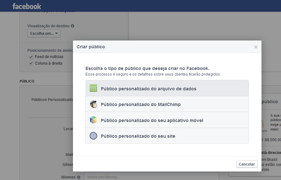 f) Criar anúncios para sua base de e-mails Se você tem uma base de e-mails de clientes, você pode direcionar anúncios do Facebook para eles.