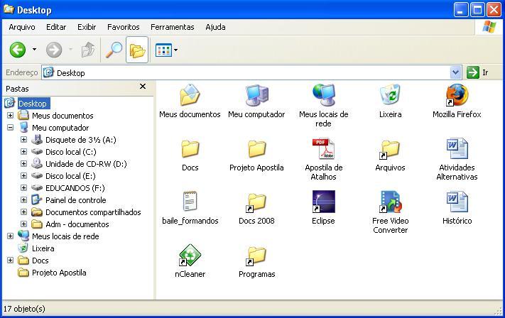 Janela do Windows Explorer Logo abaixo dos componentes que já conhecemos (barra de título, barra de menus e barra de ferramentas), existe uma divisão vertical, é a exibição de todas as pastas.