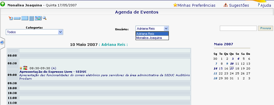 4- Usuário: através deste campo é possível visualizar a Agenda de Eventos de um ou mais usuários do Expresso, sendo estes usuários do mesmo órgão ou de órgãos diferentes.