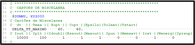 Figura 5.6 Trecho de código que define o tempo máximo de simulação e passos de integração. Bloco 5 Define os dados de entrada do primeiro cartão miscelâneos para a simulação.