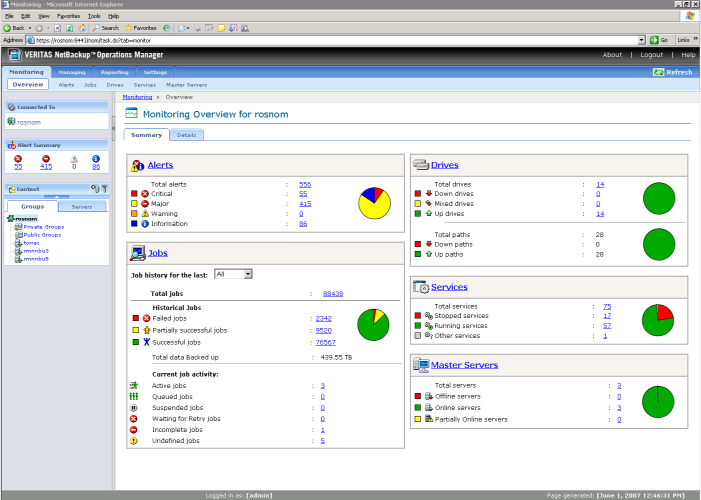 status dos servidores NetBackup 24 horas por dia, sete dias por semana O SNMP integra-se a estruturas de gerenciamento de eventos como o HP OpenView e o Microsoft Operations Manager Relatórios
