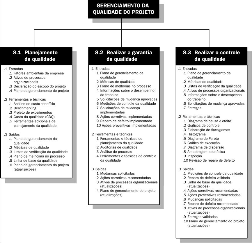 50 Figura 14: Visão geral do gerenciamento da qualidade do projeto Fonte: PMI (2004) 2.5.6 Gerenciamento dos Recursos Humanos São os processos que organizam e gerenciam a equipe, que é composta de pessoas com funções e responsabilidades atribuídas para o término do projeto.