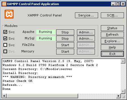 Figura 2. Estrutura de diretorias da instalação Moodle O Xampp é um utilitário que instala o Apache, PHP, MySQL, phpmyadmin, entre muitos outros programas. O ficheiro xampp-control.