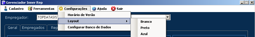 5.14.2 Layout Define a cor do layout do software Gerenciador Inner Rep, entre três opções de cores: Branco, Preto, Azul.