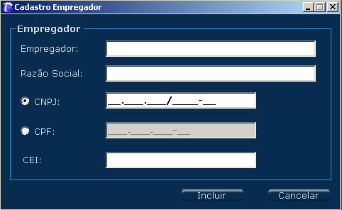 Descrição dos campos: Empregador: Nome do empregador. Razão Social: Razão social do empregador. CNPJ: CNPJ do empregador. CPF: CPF do empregador.