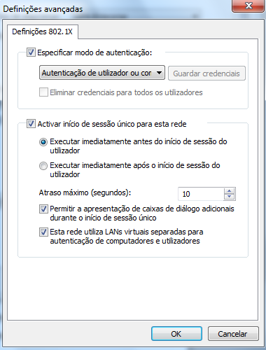 Clicar no botão Definições A rede não vai validar certificado, pelo que esta opção deve estar desativada. Se estamos a configurar por exemplo um portátil pessoal então devemos desativar esta opção.