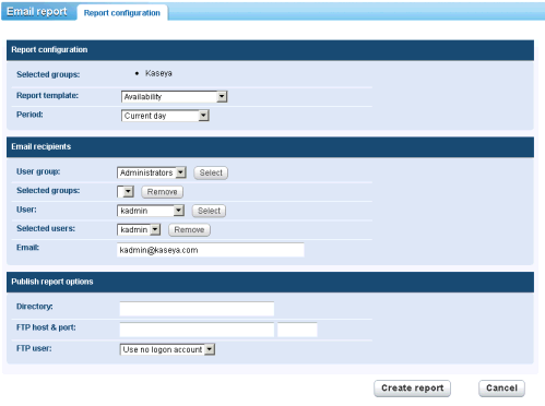 Relatórios 2. Clique no botão Visualizar relatório ou selecione o comando Criar um relatório > Enviar por e-mail ou publicar para exibir a página Enviar relatório por e-mail.