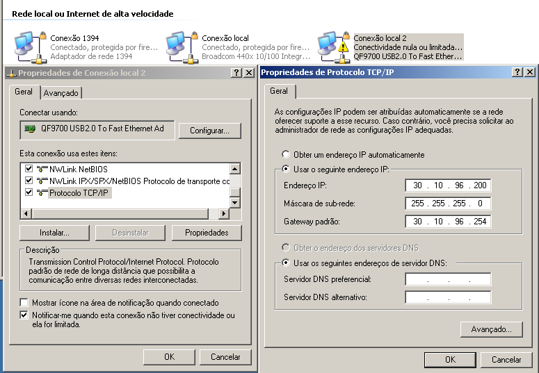 Exemplo para configuração do Cardiocare 2000: endereço IP do seu computador-> 30.10.96.200 (este será o endereço do Banco de Dados / Servidor para o eletrocardiógrafo) máscara de sub-rede -> 255.