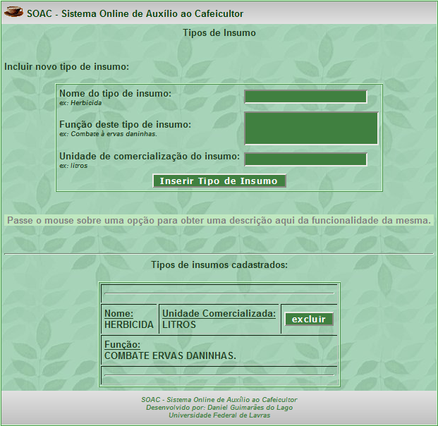 Figura 9: Cadastro de Tipos de Insumos após inserção do tipo "Herbicida". 4.3.2.