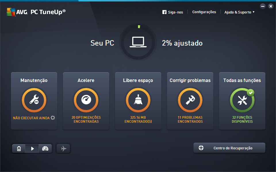 2. O Painel de controle O novo Painel do AVG PC TuneUp é o ponto de acesso central a todas as funções e opções de otimização.