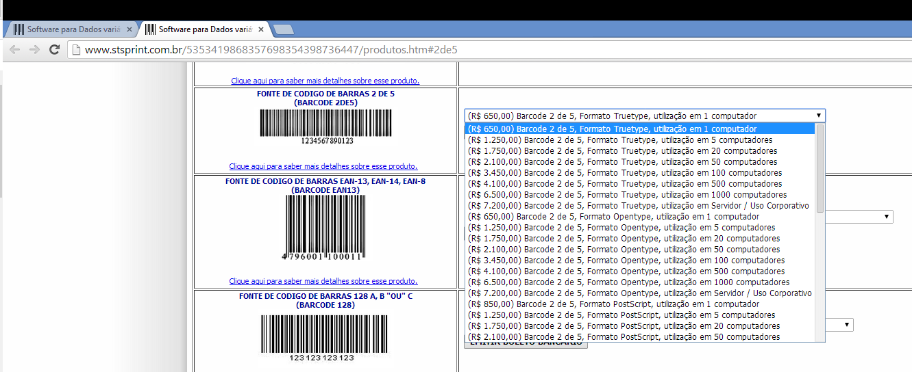ALTERNATIVA 1, PASSO 5) Ele faz uma escolha do produto "Fonte de Código de Barras 2 de 5 Intercalado", utilizado na emissão de Boletos Bancários e contas