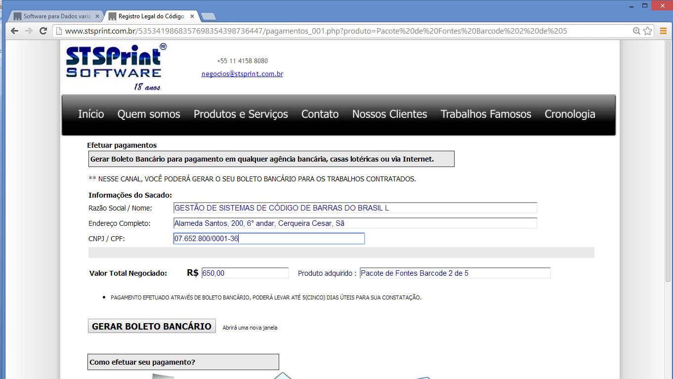 ALTERNATIVA 1, PASSO 7) O cliente escolhe a quantidade de licenças que precisa, de acordo com sua configuração de compra e após concluir sua escolha, clica no botão "Emitir Boleto Bancário".