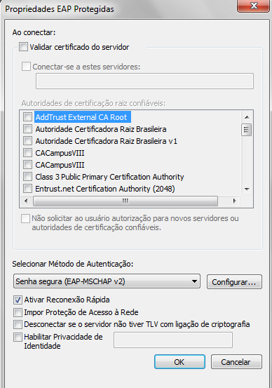 Figura 4.1 Configurações Avançadas de conexão. 5. Após confirmada a configuração anterior, dar OK e voltar a tela do item 3. 6. Clicar no botão Configurações.