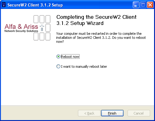 6. Depois da instalação, você precisará reinicializar o computador para que o SecureW2 possa funcionar corretamente. Selecione a opção Reboot now, e clique no botão Finish.