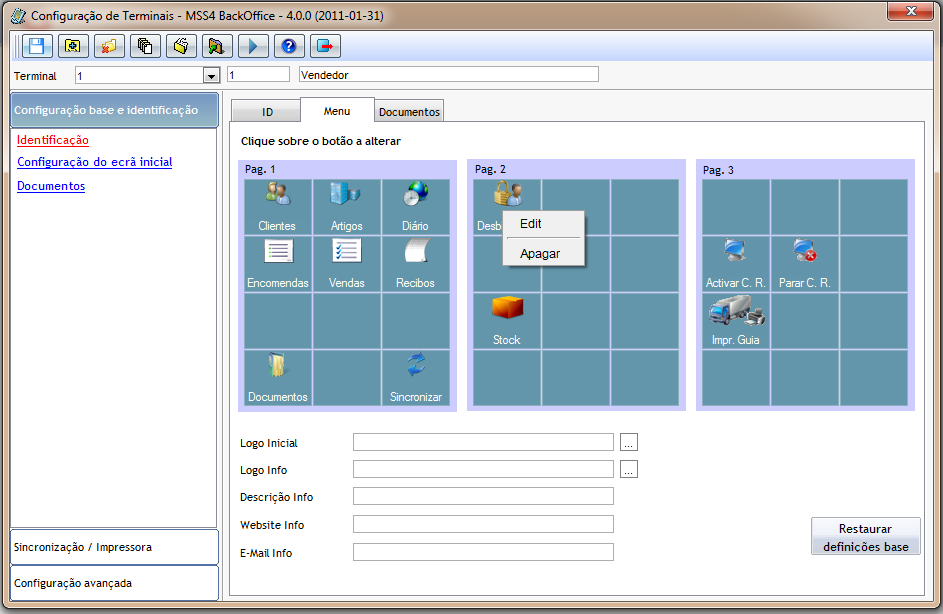 5.4 MENU 5.4.1 Configuração dos menus Clique no botão restaurar definições base para colocar todos os menus existentes.