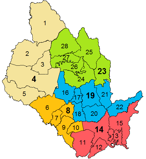 12-Chapadão do Lageado, 13-Imbuia, 14-Ituporanga, 15-Vidal Ramos, 16- Rio do Oeste, 17-Laurentino, 18-Agronômica, 19-Rio do Sul, 20-Aurora, 21-Lontras, 22-Presidente Getúlio, 23-Ibirama,