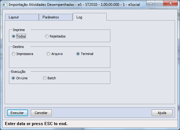 Pasta Log: Campos: Nota: Aba Layout onde consta o layout base para a montagem do arquivo a ser importado, bastando utilizar o botão Editar Layout para verificar seu conteúdo.