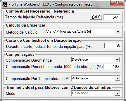 Nesse menu, preencha a tabela Combustível e Avanço x Temperatura com os valores de ângulo de ignição e tempo de injeção em função da temperatura do motor no instante da partida.