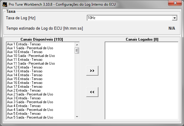 Configurar Datalog Interno Em Taxa de Log, escolha a frequência de gravação dos canais na memória.