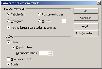 Ilustração 37: Convertendo tabela para texto Escolha o caractere separador e clique em OK. 6.13.2. Convertendo texto para tabela Primeiramente, é preciso que o texto esteja selecionado.