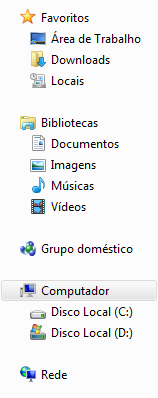 No painel de navegação, os itens são divididos em categorias: Favoritos, Bibliotecas, Computador e Rede.