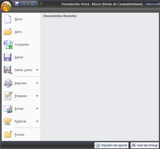 Comandos do office 1. Novo: este comando permite criar um novo documento em branco (Ctrl+O). Ao abrir, aparece automaticamente uma folha em branco para ser iniciada a digitação do novo documento. 2.